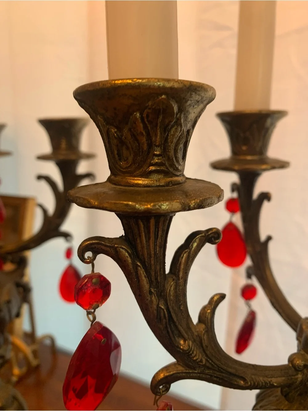 Antique-Style Ornate Brass Candelabra Pair with Red Crystal Drops